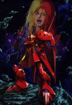 1girl absurdres artist_request asteroid bayonet beam_rifle cable chara_soon crazy_eyes energy_gun glowing glowing_eye gundam gundam_perfect_file gundam_zz hand_on_own_hip highres lens_flare machinery mecha mobile_suit multicolored_hair nebula neo_zeon one-eyed open_mouth r-jarja robot roundel science_fiction space star_(sky) weapon zero_gravity