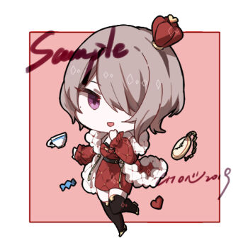 Rule 34 | 1girl, :d, black boots, boots, chibi, chon (klliaytong), coat, commentary request, crown, cup, dress, full body, hair over one eye, heart, honkai (series), honkai impact 3rd, long sleeves, lowres, mole, mole under eye, open mouth, pocket watch, purple eyes, red coat, red dress, rita rossweisse, rita rossweisse (dame de coeur), rita rossweisse (umbral rose), sample watermark, short hair, smile, solo, teacup, thigh boots, watch, watermark