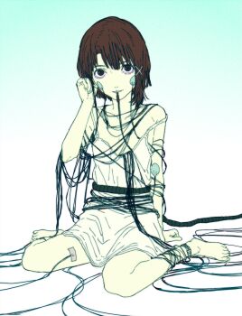 1girl absurdres arm_support barefoot black_eyes brown_hair cable cable_in_mouth commentary dress electrodes flat_chest full_body gradient_background green_background hand_up hashtag-only_commentary highres iwakura_lain looking_at_viewer mdch48 serial_experiments_lain short_dress short_hair sitting sleeveless sleeveless_dress smile solo strap_slip tangled_cord tucking_hair wariza white_dress