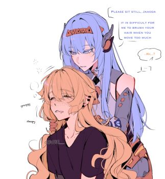 ... 2girls android artist_name black_shirt blonde_hair blue_hair blush bright_pupils brushing_another's_hair brushing_hair bvbu closed_eyes collarbone commentary crossed_bangs drooling ear_piercing earrings english_commentary english_text eyelashes freckles genshin_impact hair_between_eyes hair_down hairband headgear highres holding_another's_hair ineffa_(genshin_impact) jahoda_(genshin_impact) jewelry long_hair mole mole_on_collarbone mouth_drool multiple_girls parted_lips piercing purple_eyes ringed_eyes robot_girl shirt short_sleeves simple_background sleepy speech_bubble spoken_ellipsis squeans stud_earrings t-shirt twitter_username upper_body very_long_hair wavy_hair white_background white_pupils yuri