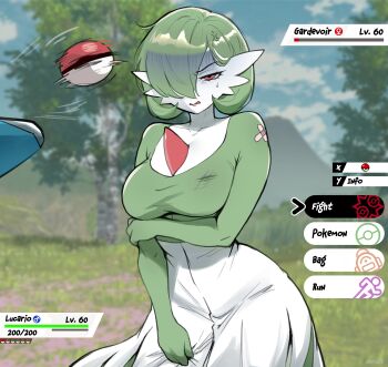 1girl absurdres anger_vein blurry blurry_background bob_cut breasts character_name collarbone colored_skin cowboy_shot crossed_bandaids day disgust gameplay_mechanics gardevoir gen_3_pokemon grass green_hair green_skin hair_over_one_eye half-closed_eyes hand_on_own_arm health_bar highres large_breasts looking_at_viewer mars_symbol multicolored_skin nephrite_(nephrite_fur) nintendo one_eye_covered open_mouth outdoors partial_humanization poke_ball poke_ball_(basic) poke_ball_symbol pokemon pokemon_(creature) pokemon_sword_and_shield red_eyes scratches screenshot_background short_hair solo standing sweat throwing tree turn_pale two-tone_skin user_interface venus_symbol white_skin wide_hips