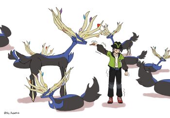 1boy antlers belt black_hair black_hat closed_eyes closed_mouth cracker deer deer_cracker food full_body gen_6_pokemon green_jacket hat highres holding holding_food horns jacket legendary_pokemon long_sleeves nintendo open_clothes open_jacket pants paxton_(pokemon) pokemon pokemon_(creature) pokemon_legends:_z-a senbei shaking shirt shoes short_hair simple_background sitting white_shirt xerneas yomogi_dango_(sbj_rocketlink)