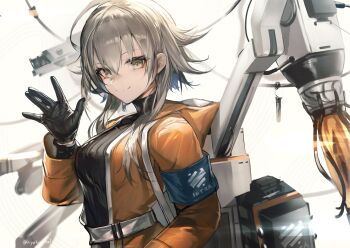 1girl ahoge arknights armband black_sweater breasts brown_eyes brown_hair gloves hand_up highres hiyaori_(hiyahiyaval) jacket long_sleeves mayer_(arknights) orange_jacket short_hair_with_long_locks smile solo sweater upper_body