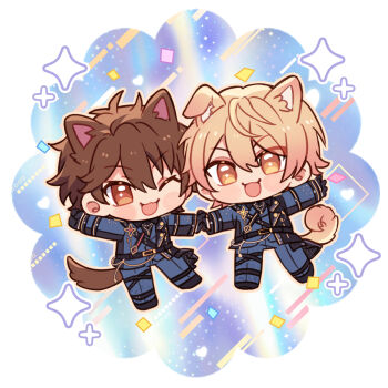 Rule 34 | 2boys, animal ears, belt, black belt, black gloves, black shoes, brown eyes, brown hair, chibi, commentary, crossover, dog boy, dog ears, dog tail, ensemble stars!, extra ears, full body, gloves, hands up, highres, long sleeves, looking at viewer, male focus, morisawa chiaki, multiple boys, neki (nekiansu0918), official alternate costume, one eye closed, open mouth, orange eyes, orange hair, outstretched arms, outstretched hand, project sekai, shoes, short hair, smile, sparkle, tail, tenma tsukasa