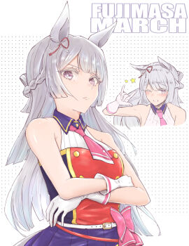 1girl ;d \m/ alternate_costume animal_ears armpit_crease bare_shoulders blunt_bangs blunt_ends bow braid breasts character_name closed_mouth collared_shirt commentary_request cropped_torso crossed_arms crown_braid design_speculation dolbydig ear_bow ear_ribbon frown fujimasa_march_(umamusume) gloves grey_hair grin half_up_braid half_updo highres idol long_hair looking_at_viewer medium_breasts multiple_views necktie one_eye_closed open_mouth partial_commentary pink_necktie pleated_skirt purple_eyes purple_skirt red_shirt shirt skirt sleeveless sleeveless_shirt smile split_mouth standing straight_hair text_background umamusume umamusume:_cinderella_gray upper_body v-shaped_eyebrows white_background white_gloves
