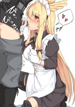 1boy 1girl apron bar_censor black_dress black_footwear blush boots breasts censored clothed_sex commentary_request cum cum_in_mouth dress fate/grand_order fate_(series) fellatio fujimaru_ritsuka_(male) fujimaru_ritsuka_(male)_(polar_chaldea_uniform) gloves grabbing_another&#039;s_breast grabbing_own_breast groping hair_between_eyes hair_ornament head_wings headdress heart hetero jacket kneeling large_breasts long_hair maid maid_apron maid_headdress oral penis red_eyes shiseki_hirame simple_background solo_focus thrud_(fate) thrud_(valkyrie_style)_(fate) translation_request valkyrie_(fate) white_background white_gloves wings