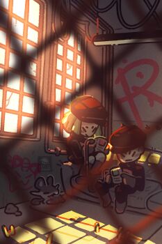 Rule 34 | 1boy, 1girl, buck teeth, chain-link fence, commentary, english commentary, fence, game boy, game boy (original), game link cable, gen 1 pokemon, graffiti, green hair, handheld game console, highres, holding, holding handheld game console, indoors, logo, meowth, mouse (animal), nintendo, petite echorizon, playing games, pokemon, pokemon (creature), pokemon frlg, rattata, team rocket, team rocket grunt, team rocket uniform, teeth