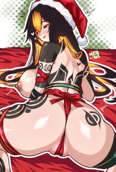 1girl absurdres arm_ribbon arm_tattoo artist_name ass ass_tattoo back back_tattoo bed_sheet black_hair black_lips black_sclera blonde_hair blush breasts butt_crack cameltoe closed_mouth colored_sclera commentary cowboy_shot crescent crescent_tattoo dark_nipples english_commentary facial_mark from_behind fur-trimmed_headwear fur_trim green_ribbon hair_between_eyes hair_spread_out half-closed_eyes halftone halftone_background hat heart heart_tattoo highres kuro_(mashiaka) large_breasts leg_ribbon leg_tattoo long_hair looking_at_viewer looking_back lying mashiaka multicolored_hair naked_ribbon nipples on_stomach original outline partially_visible_vulva pom_pom_(clothes) red_hat red_ribbon ribbon santa_hat shoulder_tattoo smile solo spread_legs striped_ribbon tattoo thigh_ribbon topless_female triangle triangle_facial_mark twitching two-tone_background two-tone_hair very_long_hair white_background white_outline yellow_eyes