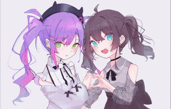 Rule 34 | 2girls, :d, :t, ahoge, black choker, black hat, black ribbon, black skirt, blue eyes, blush, breasts, brianlee709, brown hair, cardigan, choker, clothing cutout, collared shirt, commentary request, crossed bangs, dress shirt, ear piercing, earrings, green eyes, grey cardigan, grey shirt, hair between eyes, hair ornament, hair ribbon, hairclip, hat, heart, heart hands, highres, hololive, horned hat, jewelry, jirai kei, long hair, looking at viewer, medium hair, multiple girls, natsuiro matsuri, natsuiro matsuri (casual), neck ribbon, off shoulder, official alternate costume, open mouth, piercing, pout, purple hair, ribbon, see-through clothes, see-through sleeves, shirt, shoulder cutout, sidelocks, simple background, skirt, sleeveless, sleeveless shirt, small breasts, smile, tokoyami towa, tokoyami towa (jirai kei), twintails, upper body, virtual youtuber, white background, white shirt