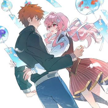 1boy 1girl artist_self-insert black_jacket breasts brown_vest commissioner_insert couple cross cross_print dress emiya_shirou fate/stay_night fate_(series) gaoyue_jixiang groom highres holding igote jacket momomiya_shizuku_(gaoyue_jixiang) oc_x_canon orange_hair pastels pink_eyes print_ribbon raglan_sleeves red_hair ribbon seasons vest watermark weibo_watermark