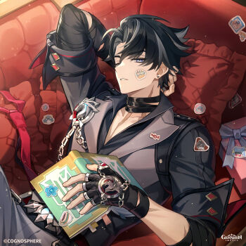 1boy absurdres arm_behind_head bandaged_arm bandages black_bandages black_gloves black_hair black_jacket blubberbeast_(genshin_impact) blue_eyes book character_sticker commentary copyright_name couch english_commentary fingerless_gloves fingernails genshin_impact gift gloves grey_hair hair_between_eyes half-closed_eyes highres holding holding_book jacket looking_at_viewer lying male_focus medium_hair melusine_(genshin_impact) multicolored_hair necktie official_art on_back on_couch parted_lips red_necktie sigewinne_(genshin_impact) solo sticker unworn_necktie wriothesley_(genshin_impact)