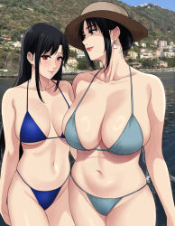 Rule 34 | 2girls, aqua bikini, bikini, black eyes, black hair, blue bikini, breasts, collarbone, cowboy shot, earrings, female focus, hat, huge breasts, jewelry, large breasts, lipstick, long hair, makeup, mature female, mole, mole under mouth, mother and daughter, multiple girls, navel, naye (xter), nush (xter), older woman and younger girl, photo-referenced, real life, red eyes, red lips, shiny skin, sidelocks, swimsuit, xter