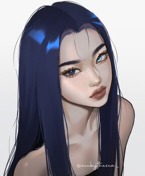 1girl aegyo_sal asian blue_eyes blue_hair collarbone eyelashes forehead from_above hair_over_shoulder heterochromia highres long_hair looking_at_viewer mole mole_on_cheek mole_on_chest mole_on_neck mole_on_nose multiple_moles original parted_bangs portrait simple_background straight_hair strapless thick_eyebrows thick_lips tube_top twitter_username umi_(zeebythesea) white_background zeebythesea