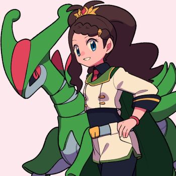 Rule 34 | 1girl, black bodysuit, blue eyes, bodysuit, brown hair, commentary, cropped jacket, hashtag-only commentary, hilda (champion) (pokemon), hilda (pokemon), iron leaves, jacket, long hair, looking at viewer, nintendo, official alternate costume, pokemon, pokemon (creature), pokemon masters ex, ponytail, shorts, smile, tyako 089, white jacket, white shorts