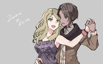 2girls :d black_tank_top blue_eyes breasts brown_eyes brown_jacket cleavage collared_shirt dancing dark-skinned_female dark_skin dead_by_daylight grey_background hair_behind_ear highres jacket kate_denson looking_back medium_breasts multiple_girls open_mouth shirt short_hair smile stack_(sack_b7) tank_top white_shirt yuri zarina_kassir