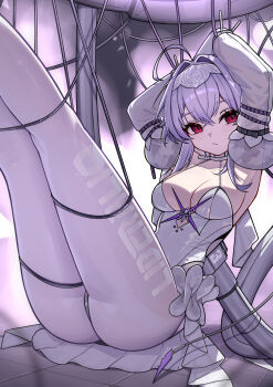 1girl absurdres ahoge armpits arms_up ass breasts cleavage collar detached_sleeves frills goddess_of_victory:_nikke hair_intakes hairband headgear highres legs_up leotard liberalio_(nikke) looking_at_viewer pantyhose purple_hair reclining red_eyes short_hair_with_long_locks sleeves_past_fingers sleeves_past_wrists solo tile_floor tiles twintails white_collar white_leotard white_pantyhose white_sleeves wire xin_sanmu