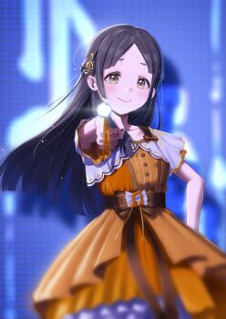 1girl aiming aiming_at_viewer blurry blurry_background blush bow brown_bow brown_eyes brown_hair closed_mouth collarbone cowboy_shot depth_of_field dress enu_illustip floating_hair fortissimo frilled_dress frills gakuen_idolmaster hair_ornament highres holding_button idolmaster kuramoto_china layered_dress long_hair looking_at_viewer musical_note musical_note_hair_ornament musical_note_ornament orange_dress parted_bangs screen short_sleeves smile solo waist_bow wonder_scale_(idolmaster)