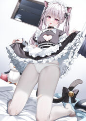 Rule 34 | 1girl, :p, animal ears, apron, bandaid, bandaid on clothes, bandaid on leg, bell, black shirt, black skirt, blush, bow, bow panties, breasts, cat ears, cat girl, cat tail, cleavage cutout, clothing cutout, frilled skirt, frills, grey hair, heart cutout, highres, indoors, kneeling, long hair, looking at viewer, maid, maid apron, medium breasts, on bed, original, panties, pantyhose, pink eyes, puffy short sleeves, puffy sleeves, shirt, short sleeves, skirt, smile, solo, tail, tail bell, tail bow, tail ornament, tongue, tongue out, twintails, underwear, white panties, white pantyhose, yana mori