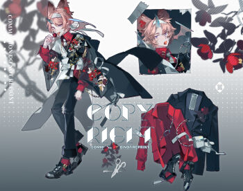 1boy animal_ear_fluff animal_ears black_coat black_jacket black_pants brooch candy coat coat_on_shoulders collared_shirt english_text floral_print flower food frills full_body hair_between_eyes hair_ornament headband highres holding holding_candy holding_food holding_lollipop horns jacket jewelry liulianjingrua lollipop lollipop_in_mouth long_sleeves male_focus necktie open_mouth original pants pink_hair purple_eyes red_flower red_shirt reference_sheet ribbon shirt shoes short_hair single_horn solo standing white_necktie