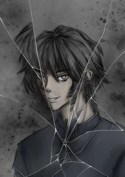 Rule 34 | 1boy, :d, absurdres, bags under eyes, black hair, black tunic, broken glass, commentary, glass, grey eyes, grin, highres, looking at viewer, male focus, mordret (shadow slave), open mouth, refraction, shadow slave, short hair, smile, solo, tissssue, tunic