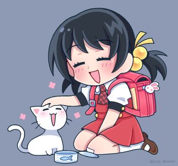 1girl ascot backpack bag black_hair canned_fish cat closed_eyes dress hair_bobbles hair_ornament kaai_yuki lady_beemer petting pinafore_dress plaid_ascot plaid_clothes randoseru red_dress seiza sitting sleeveless sleeveless_dress solo twintails vocaloid