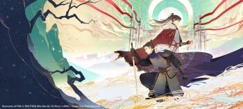 Rule 34 | 2boys, architecture, armor, bag, bare tree, belt, bird, black hair, black pants, black shirt, blue cape, blue ribbon, bracer, breastplate, burnt, burnt clothes, cape, chinese armor, chinese clothes, commentary, east asian architecture, english commentary, flag, full armor, fur-trimmed cape, fur trim, grass, green sky, gu mang, hair bun, halo, highres, holding, holding bag, holding sword, holding weapon, long hair, long sleeves, male focus, mo xi (yuwu), mountain, multiple boys, official art, outdoors, pants, polearm, ponytail, red cape, red ribbon, ribbon, shirt, shoulder armor, single hair bun, sky, spear, suto (sakumaaritsu), sword, topknot, tree, weapon, yuwu