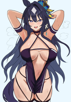 1girl absurdres animal_ears arm_strap armpits arms_up azur_lane black_choker black_hair blue_background blue_eyes blue_pupils blush breasts choker cleavage commentary cosplay cowboy_shot criss-cross_halter ear_covers earrings g_bael_suomi halterneck highres hoop_earrings horse_ears horse_tail jewelry large_breasts long_hair looking_at_viewer mole mole_under_eye multicolored_hair navel open_mouth pelvic_curtain race_queen revealing_clothes shoukaku_(azur_lane) shoukaku_(azur_lane)_(cosplay) shoukaku_(sororal_wings)_(azur_lane) simple_background single_ear_cover single_earring single_hair_intake smile solo standing steaming_body tail thighhighs two-tone_hair umamusume unfinished verxina_(umamusume) wavy_hair white_hair white_thighhighs