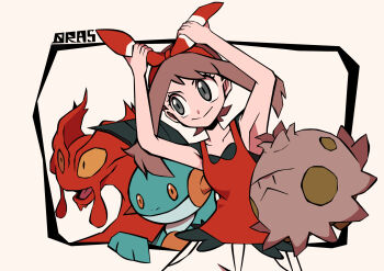 1girl :&gt; :&lt; absurdres armpits arms_up brown_hair closed_mouth collarbone commentary_request eyelashes gen_2_pokemon gen_3_pokemon grey_eyes hairband highres marshtomp may_(pokemon) medium_hair nintendo nostrils open_mouth orange_eyes ottoyamaotoko8 pokemon pokemon_(creature) pokemon_oras red_hairband red_tank_top shorts shroomish simple_background slugma smile tank_top white_background white_shorts