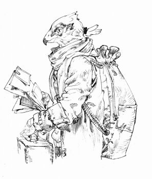 1boy bag bird_boy briefcase brown_scarf claws coat commentary_request feathers furry furry_male greyscale holding holding_briefcase looking_to_the_side low_ponytail male_focus monochrome nagabe original paper_bag ponytail scarf short_ponytail simple_background solo upper_body white_background