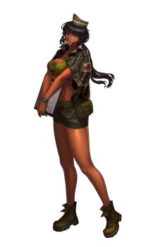 1girl absurdres artist_request belt black_hair black_survival blue_eyes boots breasts camouflage camouflage_jacket camouflage_shorts cathy_huggins cathy_huggins_(combat_medic) cleavage clipboard combat_boots combat_medic commentary dark-skinned_female dark_skin digital_thermometer dog_tags english_commentary glasses hat highres holding holding_clipboard jacket official_art ponytail red_cross_armband shorts solo thermometer thermometer_in_mouth third-party_source transparent_background watch wristwatch