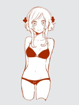 1girl arms_behind_back blush_stickers bra breasts cropped_legs hair_ornament highres looking_at_viewer maco22 navel original panties short_hair_with_long_locks small_breasts smile solo switch underwear underwear_only