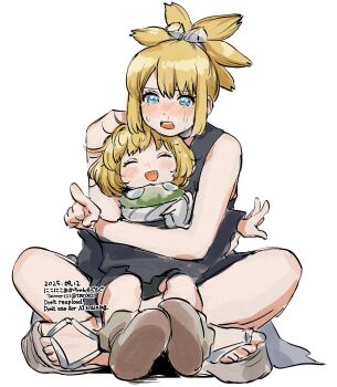 2girls blonde_hair blue_eyes blush child closed_eyes crying crying_with_eyes_open dr._stone highres hug kohaku_(dr._stone) multiple_girls open_mouth pointing ponytail sandals short_hair siblings simple_background sitting sitting_on_lap sitting_on_person smile suika_(dr.stone) tears tmr0621 twitter_username white_background