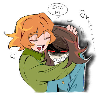 1boy 1girl abaddon_(haunted_hotel) abaddon_(human)_(haunted_hotel) absurdres brown_hair clenched_teeth closed_eyes coat esther_freeling green_coat haunted_hotel headpat highres hug long_hair orange_hair red_eyes shaded_face sharp_teeth short_hair simple_background teeth upper_body white_background yp_katelove