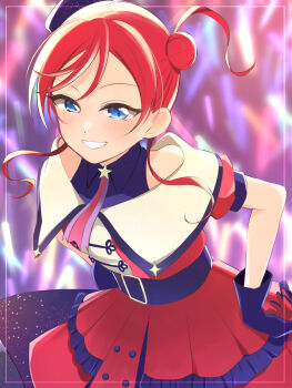 1girl blue_eyes blurry blurry_background clenched_teeth commentary_request gloves glowstick hair_bun highres looking_at_viewer love_live! love_live!_superstar!! mame_mochiko official_alternate_costume penlight_(glowstick) red_hair short_hair_with_long_locks short_sleeves single_hair_bun smile solo star_(symbol) superstar!!_(love_live!) teeth yoneme_mei