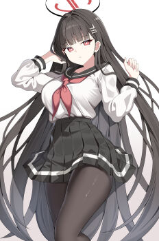 1girl absurdres alternate_costume arm_behind_head black_hair black_pantyhose black_sailor_collar black_skirt blue_archive breasts brown_pantyhose commentary_request gradient_background grey_background hair_intakes hair_ornament halo hand_in_own_hair hand_up highres large_breasts long_hair long_sleeves looking_at_viewer neckerchief pantyhose parted_lips pleated_skirt puffy_long_sleeves puffy_sleeves red_eyes red_halo red_neckerchief rio_(blue_archive) sailor_collar school_uniform serafuku shirt skirt sob_(submar1089) solo very_long_hair white_background white_shirt