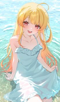 1girl :d absurdres ahoge alternate_costume bare_arms bare_shoulders blonde_hair collarbone commentary_request day dress flat_chest frilled_dress frills halterneck highres hololive hololive_dev_is long_hair looking_at_viewer mui_maru one_side_up open_mouth otonose_kanade outdoors red_eyes sidelocks sitting skirt_hold sleeveless sleeveless_dress smile solo spaghetti_strap sundress teeth upper_teeth_only very_long_hair virtual_youtuber water white_dress