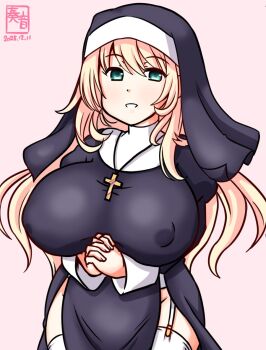 Rule 34 | 1girl, alternate costume, atago (kancolle), black dress, black veil, blonde hair, blush, breasts, commentary request, covered erect nipples, cross, dress, gradient background, green eyes, hair between eyes, kanon (kurogane knights), kantai collection, large breasts, long hair, long sleeves, looking at viewer, nun, pink background, smile, solo, thighhighs, veil, white thighhighs