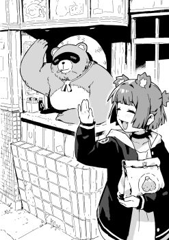 1boy 1girl :d =_= ^_^ animal_ear_fluff animal_ears animal_nose arm_rest arm_up bag bear_ears bear_girl blunt_bangs blunt_ends blunt_sidelocks bob_cut body_fur center-flap_bangs choker cigarette closed_eyes collarbone commentary counter dress dumpling english_commentary eyebrows_hidden_by_hair fang fat fat_man food furry furry_male go!_go!_gris! greyscale grin gris_(go!_go!_gris!) hair_intakes half_updo highres holding holding_bag hood hood_down hooded_jacket jacket kiosk leaning_forward light_blush long_eyelashes long_sleeves looking_at_another looking_to_the_side menu monochrome multicolored_jacket neck_ribbon open_clothes open_hand open_jacket open_mouth outdoors paper_bag phallic_symbol ponytail puffy_long_sleeves puffy_sleeves raised_eyebrows ribbon short_hair short_ponytail sidelocks sidewalk smile snout striped_blush tanuki thick_eyelashes turning_head two-sided_fabric two-sided_jacket two-tone_fur two-tone_jacket upper_body vertigris walking walking_away waving white_dress