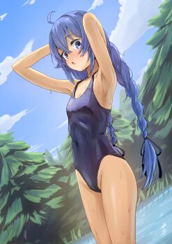 1girl armpits blue_eyes blue_hair blue_one-piece_swimsuit blue_sky blush braid braided_twintails breasts cloud cloudy_sky collarbone commentary_request day dutch_angle feet_out_of_frame groin highres lake long_hair looking_at_viewer mushoku_tensei nature one-piece_swimsuit open_mouth outdoors roxy_migurdia school_swimsuit sidelocks sky small_breasts solo swimsuit syagare twin_braids twintails very_long_hair