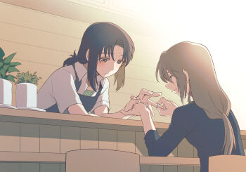 2boys apron black_apron black_hair black_shirt brown_hair collared_shirt commentary_request counter highres indoors jewelry light_smile long_hair long_sleeves low_ponytail makabe_kazuki male_focus marriage_proposal minashiro_soushi multiple_boys nagi_(exsit00) plant ponytail potted_plant restaurant ring shirt short_ponytail soukyuu_no_fafner undershirt wedding_ring white_shirt yaoi