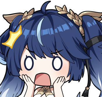 1girl ahoge blue_hair commentary english_commentary gradient_hair hands_on_own_cheeks hands_on_own_face iuno_(wuthering_waves) laurel_crown long_hair multicolored_hair portrait simple_background solo streaked_hair twintails twomoon white_background wuthering_waves