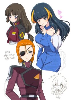 Rule 34 | 4girls, aisha (gundam), bare shoulders, black hair, blue eyes, blush, breasts, brown hair, closed mouth, commentary request, compass uniform, dress, eyepatch, gundam, gundam seed, gundam seed destiny, gundam seed freedom, hair between eyes, hair ornament, highres, hilda harken, jacket, long hair, long sleeves, low-tied long hair, manju5656, mayu asuka, military, military uniform, multiple girls, orange hair, purple eyes, shiho hahnenfuss, shirt, short hair, skirt, smile, zaft uniform