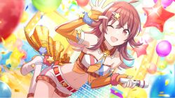 Rule 34 | 1girl, belt, confetti, hair ornament, idol clothes, idolmaster, idolmaster shiny colors, komiya kaho, microphone, navel, necktie, official art, one eye closed, open mouth, red eyes, red hair, short shorts, shorts, solo, star (symbol)