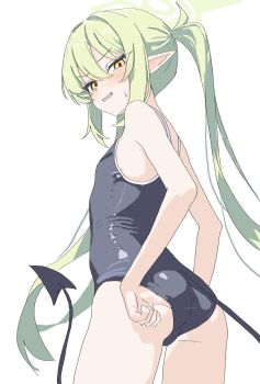1girl ass blue_archive breasts commentary_request demon_tail facing_to_the_side fang from_below furrowed_brow green_hair green_halo halo highres kamitosayu looking_at_viewer nozomi_(blue_archive) one-piece_swimsuit pointy_ears shy simple_background small_breasts solo swimsuit tail thighs twintails wavy_mouth white_background yellow_eyes