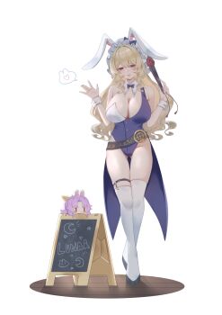 2girls absurdres adapted_costume animal_ears belt black_shoes blonde_hair breasts cleavage closed_mouth commentary detached_collar english_commentary folded_fan folding_fan hand_fan hat heart highres holding holding_fan huge_breasts long_hair looking_at_viewer loose_belt mini_person minigirl multiple_girls no_noru pink_hair playboy_bunny rabbit_ears red_eyes shoes siblings simple_background single_strap sisters smile solo spoken_heart thigh_strap thighhighs touhou very_long_hair watatsuki_no_toyohime watatsuki_no_yorihime white_background white_hat white_thighhighs wrist_cuffs