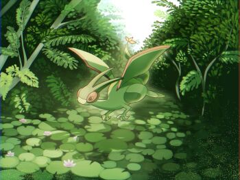 claws dragon flower flygon flying foliage gen_3_pokemon green_wings highres hina_co_330 lily_pad nintendo no_humans outdoors pokemon pokemon_(creature) pokemon_focus red_eyes sky tail water wings