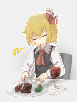 1girl ascot black_vest blonde_hair chair closed_eyes closed_mouth collared_shirt commentary cup cutting drinking_glass edsky0309 facing_viewer food fork frilled_shirt_collar frills hair_ribbon holding holding_fork holding_knife knife long_sleeves musical_note on_chair plate red_ribbon ribbon rumia shirt sitting smile solo steak symbol-only_commentary table touhou vest white_shirt