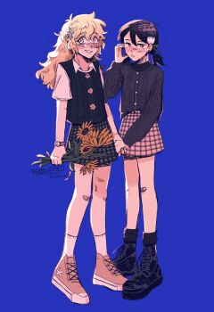Rule 34 | 2girls, absurdres, antenna hair, artist name, bandaid, bandaid on cheek, bandaid on face, bandaid on knee, bandaid on leg, basil (faraway) (omori), basil (omori), black shoes, black socks, black sweater, blonde hair, blue background, blue eyes, blush, bright pupils, brown shoes, collared shirt, commentary, double-parted bangs, ear piercing, english commentary, flower, freckles, genderswap, genderswap (mtf), green sweater vest, hair between eyes, hair flower, hair ornament, highres, holding hands, kiisaes, long hair, long sleeves, looking at viewer, low twintails, multiple girls, omori, open mouth, piercing, shirt, shoes, short hair, short sleeves, short twintails, simple background, smile, socks, standing, sunny (omori), sweater, sweater vest, twintails, white pupils, white shirt, white socks, yuri