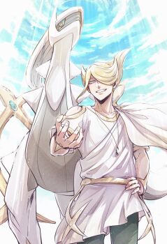 1boy arceus belt black_pants blonde_hair cape cloud cloudy_sky collarbone commentary_request gen_4_pokemon green_eyes grin gura_(rick_grick) hair_over_one_eye hand_on_own_hip legendary_pokemon light_rays looking_at_viewer male_focus mythical_pokemon nintendo official_alternate_costume outstretched_arm pants pokemon pokemon_(creature) pokemon_legends:_arceus shirt short_sleeves side_cape sky smile standing sunbeam sunlight teeth volo_(pokemon) white_cape white_shirt yellow_eyes