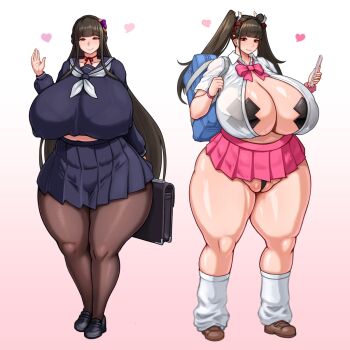 1girl alternate_costume bag black_hair black_panties black_pantyhose black_shoes blue_shirt blue_skirt blunt_bangs bow bowtie breasts briefcase brown_shoes cameltoe cellphone choker cleavage crop_top earrings flower flower_on_head gradient_background gyaru hair_ornament heart highres holding holding_phone huge_breasts jewelry kunoichi_enrai last_origin lips long_hair loose_socks mature_female miniskirt multiple_persona open_clothes open_shirt panties pantyhose partially_visible_vulva pasties phone pink_background pink_bow pink_scrunchie pink_skirt plump red_choker red_eyes sailor_collar school_bag school_uniform scrunchie serafuku shirt shoes skirt smartphone smile socks solo standing thick_thighs thighs twintails underwear waving wedgie wet_tea white_shirt wide_hips wrist_scrunchie wristband